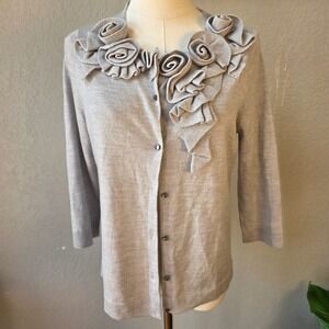 Talbots Petites Italian Merino Wool Cardigan‎ Sweater Rose Embellished Gray MP